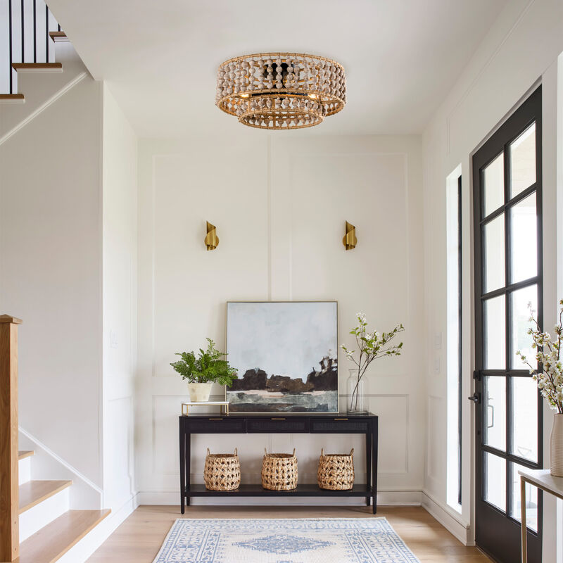 Boho 3-Light Drum Wood Beaded Flush Mount Ceiling Light