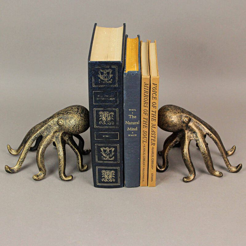 Set of 2 Gold Cast Iron Octopus Phone Holder Stand Decorative Bookend Home Decor image number 5