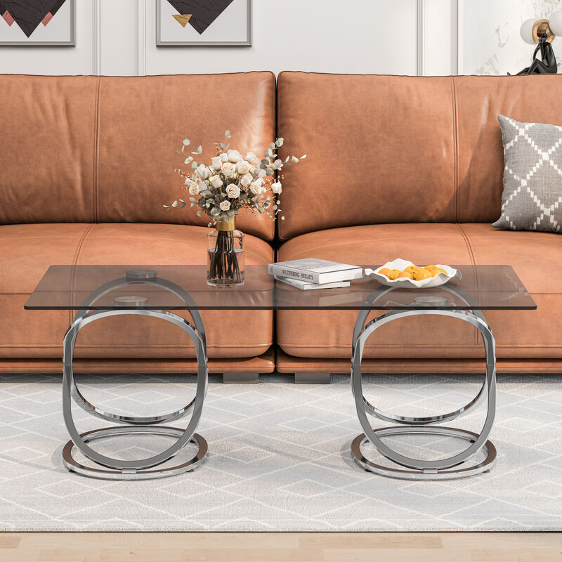 GOODSILO Modern Rectangle Tempered Glass Coffee Table with Sturdy Ring-Shaped Metal Frame Sleek Center Table for Living Room Bedroom Office Use image number 1
