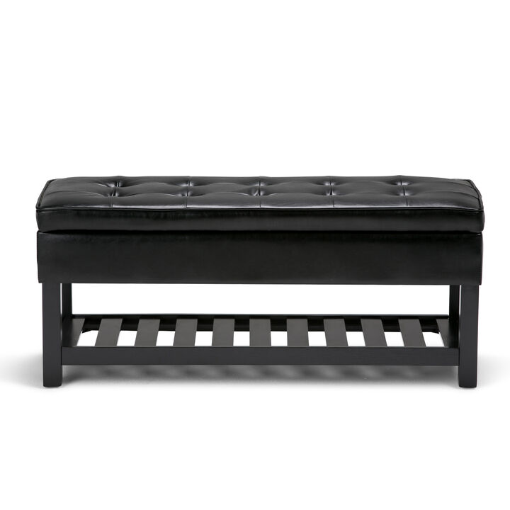 Cosmopolitan 44 inch Wide Transitional Rectangle Storage Ottoman Bench with Open Bottom in Midnight Black Faux Leather