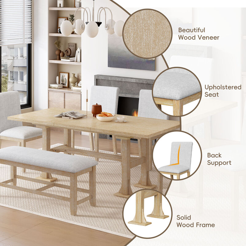Merax Expandable Dining Table Set with 4 Cushioned Chairs & Sturdy Bench, Solid Wood Construction image number 5