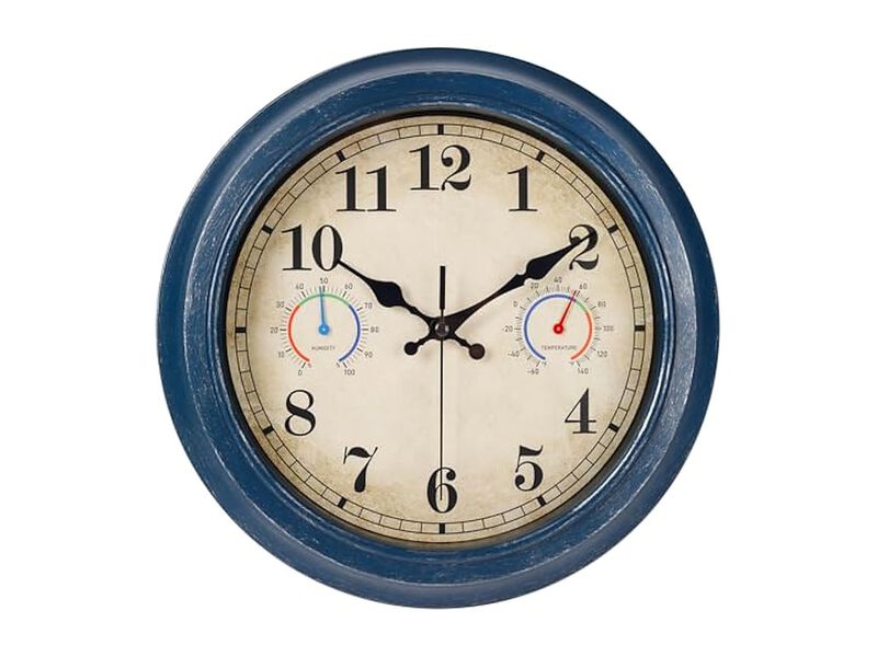 Thermometer Hygrometer Combo Pool Blue Wall Clock 12 Inch Outdoor Waterproof image number 0