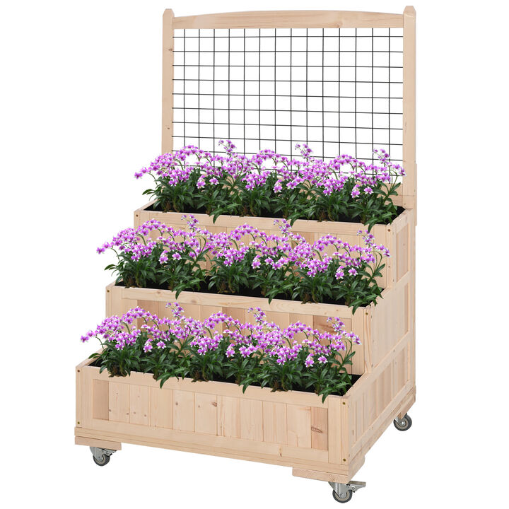 Outsunny 3-Tiers Raised Garden Bed with Trellis, 53" H Vertical Planter Box with Wheels & Back Storage Area, for Flowers, Vegetables, Herbs, Natural