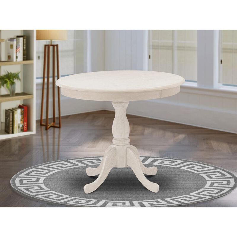 East West Furniture 1-Piece Round Dining Table with Round Wire Brush Butter Cream Table top and Wire Brush Butter Cream Pedestal Leg Finish