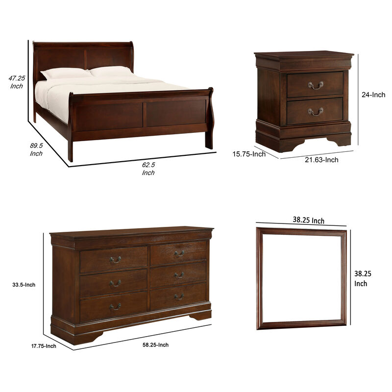 Fy Four Piece Queen Size Bedroom Set, Antique Brass Metal Handles, Cherry Brown - Benzara