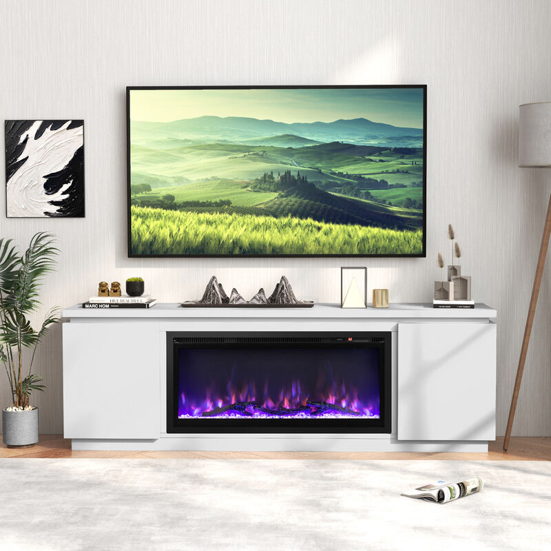 Large Fireplace TV Stand for 80 Inch TVs with 3 Adjustable Storage Shelves-White image number 3