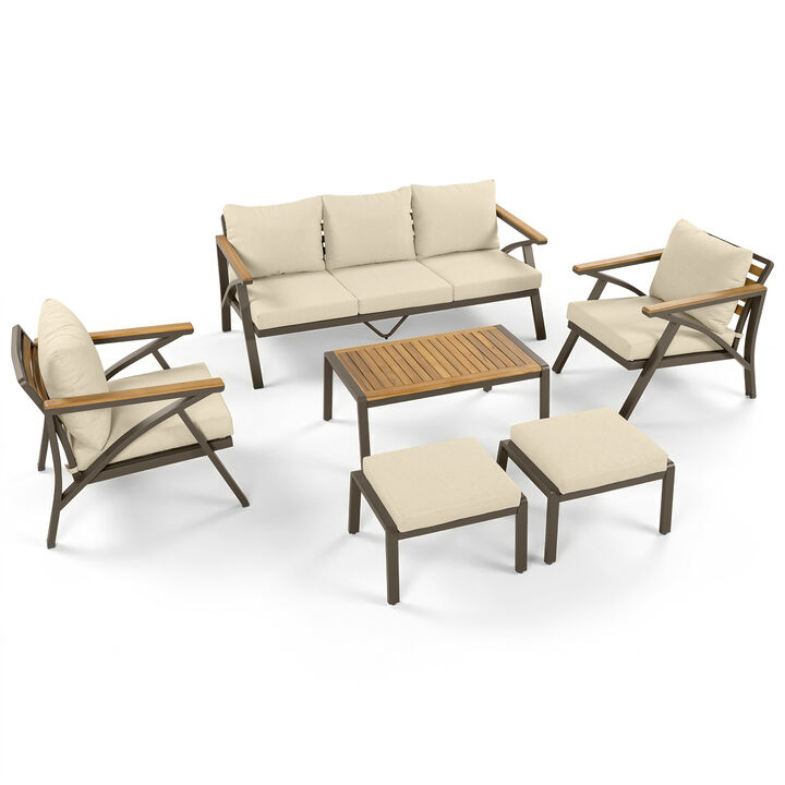 Merax 6-Piece Patio Conversation Set with Acacia Wood, Steel Frame & Removable Cushions