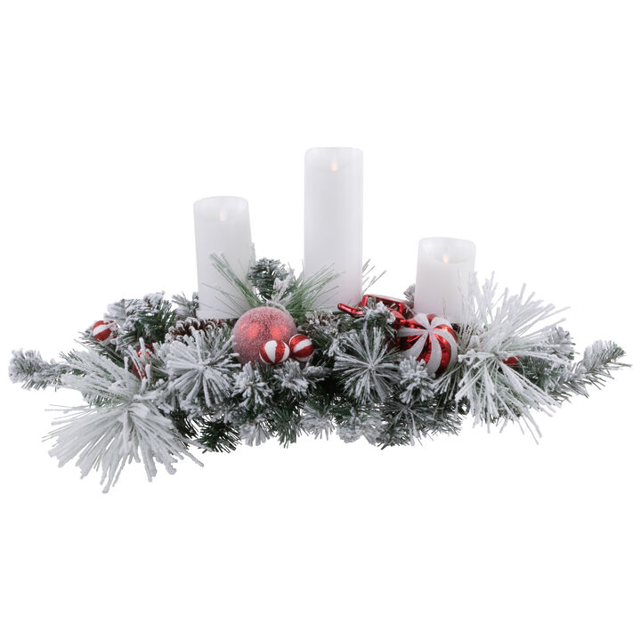 32" Red and White Triple Candle Holder with Flocked Pine and Christmas Ornaments