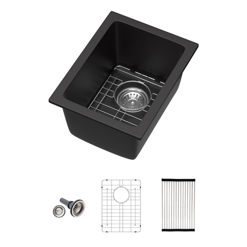 12 in. Black Quartz Composite Undermount Kitchen Sink Single Bowl Prep Bar Basin Round Corner with Bottom Grid image number 0