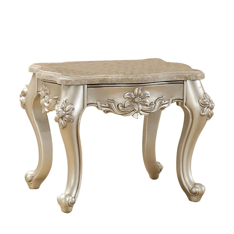 Marble Top End Table With Flower Motif Engraved Angular Wood Feet, Silver image number 0