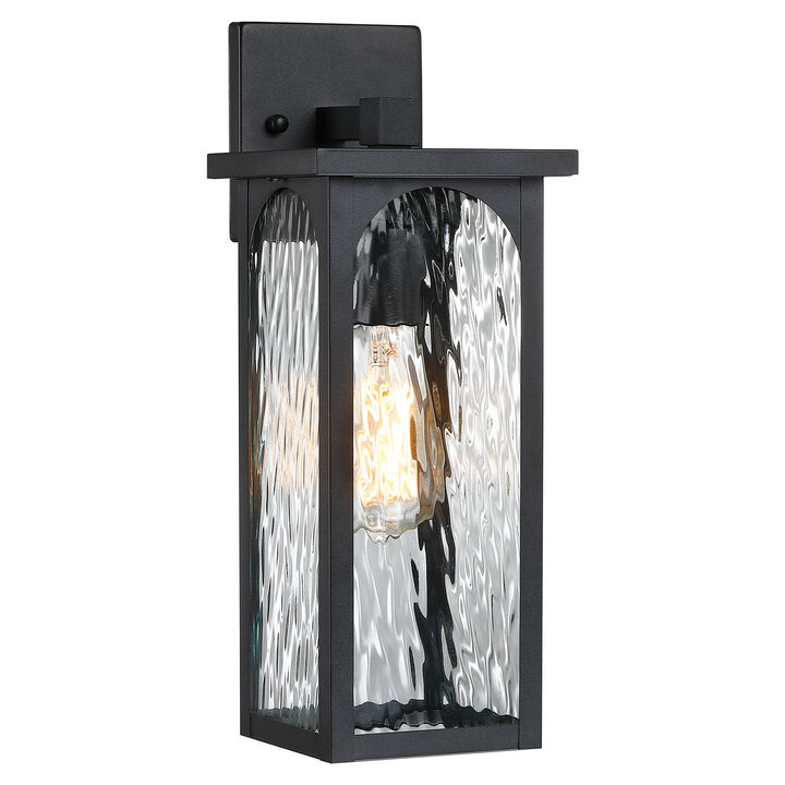 15" Modern Industrial Sand Black 1-Light Dimmable Outdoor Wall Lantern with Water-Ripple Glass