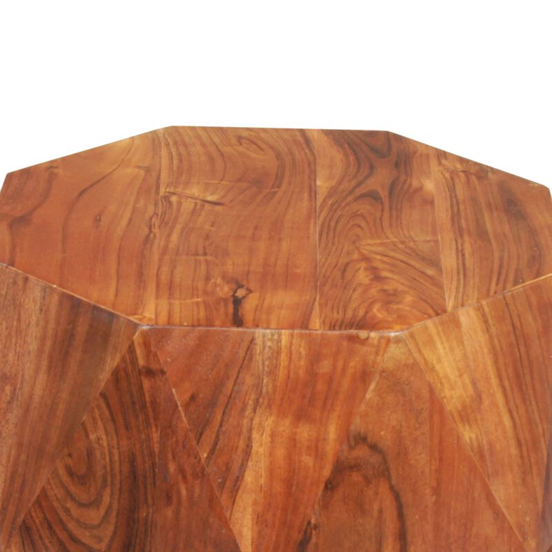 Bon 22 Inch Artisanal End Side Table, Multifaceted Solid Acacia Wood, Octagon Top, Warm Brown-Benzara