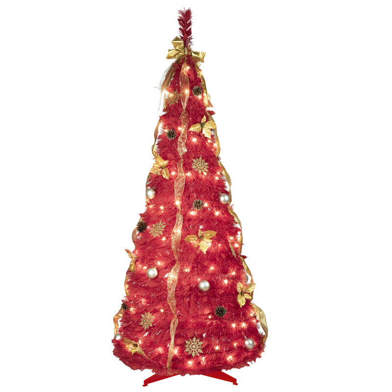 Whisen 6FT Red Pop-Up Christmas Tree with 150 Warm White LED Lights, Ornaments Included – 4 Ribbons, Bow, Flowers, Snowflakes, Pine Cones & Balls