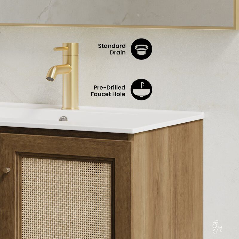30" Wall-Mounted Bathroom Vanity in Brown Oak with Single Faucet Hole Vanity Top image number 8