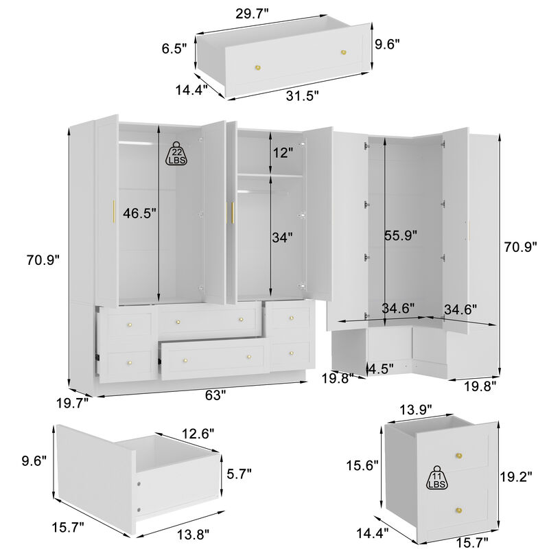 FUFU&GAGA White Corner Storage Cabinet with 3 Cabinets & 6 Drawers, PB Board Construction, Gold Handles, Space-Saving Wardrobe Organizer (97.6 x 19.7 x 70.9 in)