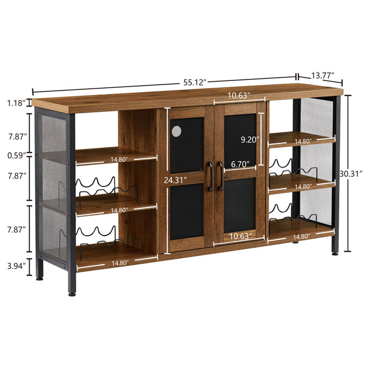Industrial Wine Bar Cabinet, Liquor Storage Credenza, Sideboard with Wine Racks & Stemware Holder (Hazelnut Brown, 55.12" w x 13.78" d x 30.31" h)