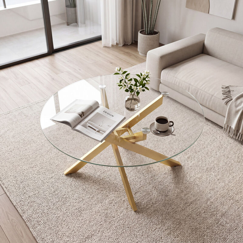 Circular Glass Coffee Table with Tempered Glass Top for Home Office Living Room image number 7