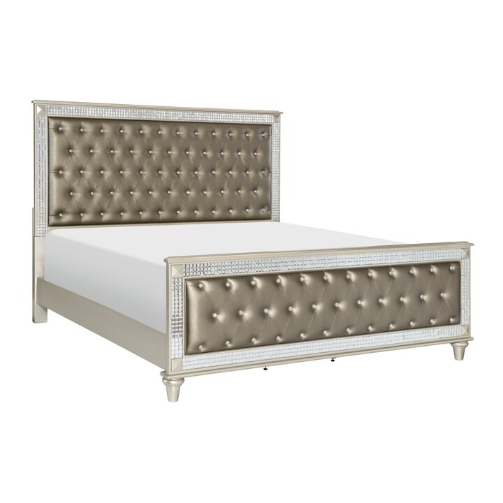 Glamorous Style Champagne Finish Queen Bed 1pc Upholstered Headboard Footboard Acrylic Crystals Trim Tufting Modern Bedroom Furniture