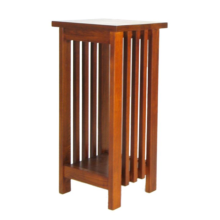 25 Inch Wooden Flower Stand with Slatted Sides and Bottom Shelf, Brown-Benzara