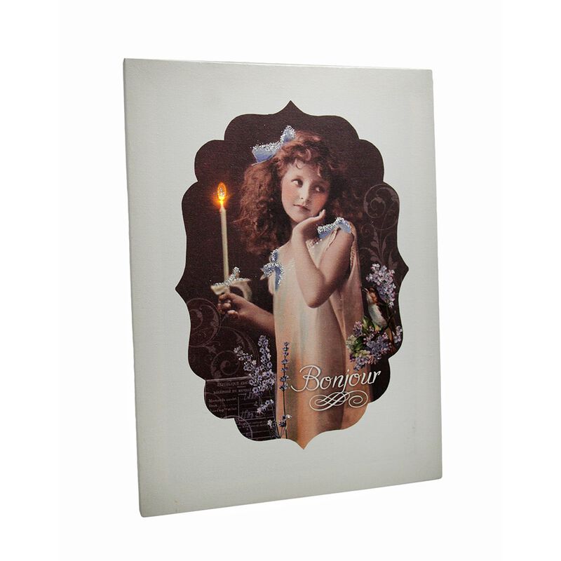 Vintage Look Bonjour Flickering Candle Girl LED Canvas Art Print image number 0