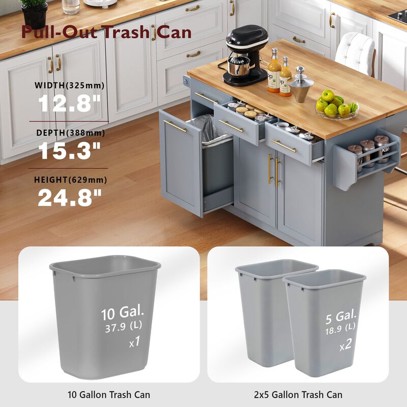 Merax Rolling Kitchen Cart with Trash Storage, Pull-Out Shelves, 3 Drawers, Drop Leaf Side Table image number 8