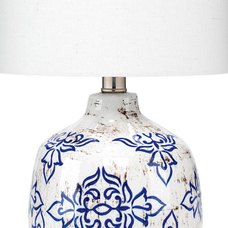 Table Lamp with Floral Pattern Ceramic Base, White-Benzara