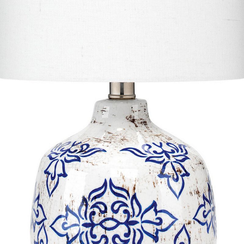 Table Lamp with Floral Pattern Ceramic Base, White - Benzara