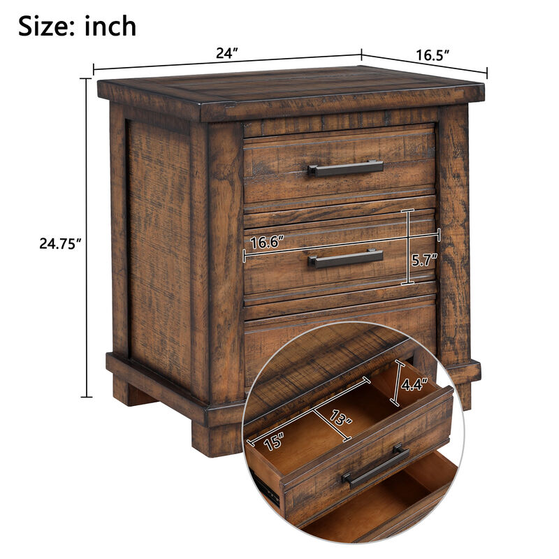 Whisen 24" Rustic Nightstand, 3 Drawers Reclaimed Solid Wood Pine Farmhouse End Table for Bedroom image number 8
