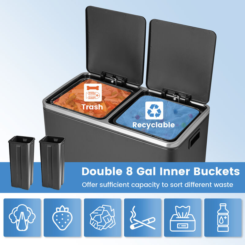 16 Gallon Dual Step Trash Can Recycling Double Bucket Pedal