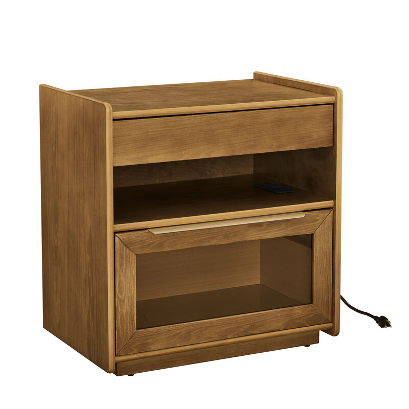 Mid Century Nightstand with Charging Station 2 Drawers Open Shelf image number 0