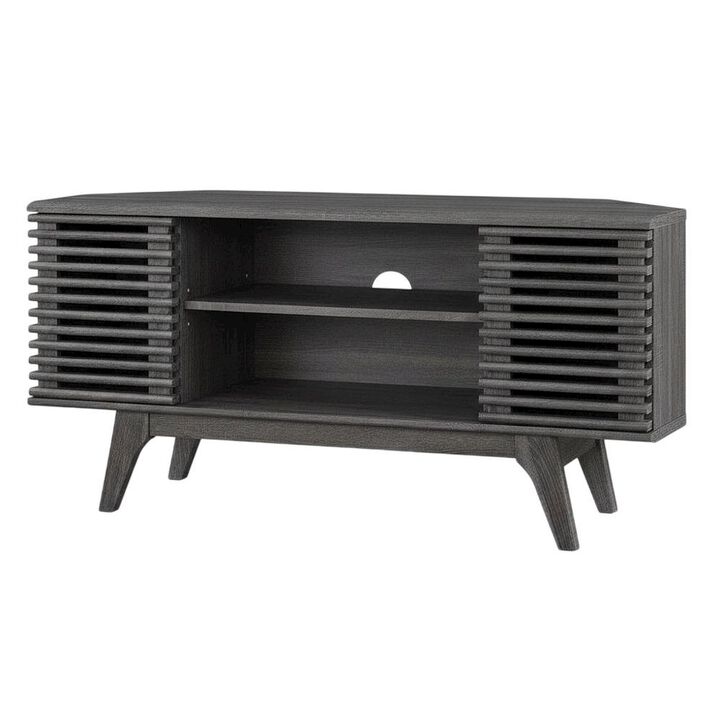 Brown wooden 46-inch corner TV stand with open shelving and versatile design