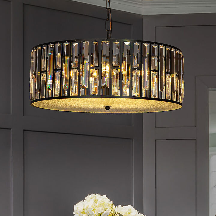 6-Light Black Mondern Farmhouse Lantern Drum Chandeliers With Crystal Accents
