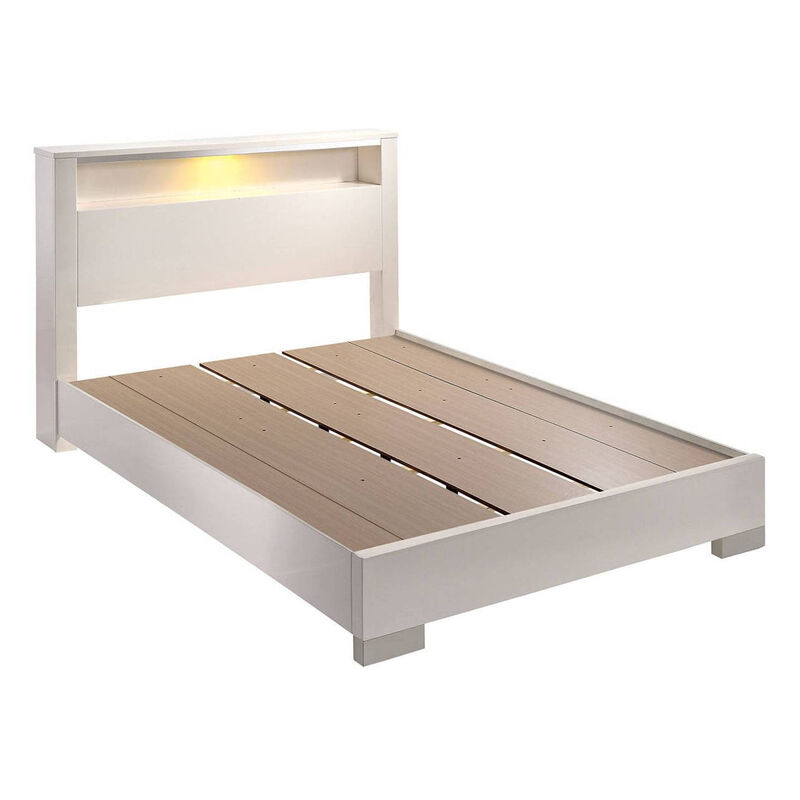 Queen Size Bed with Open shelf, White - Benzara