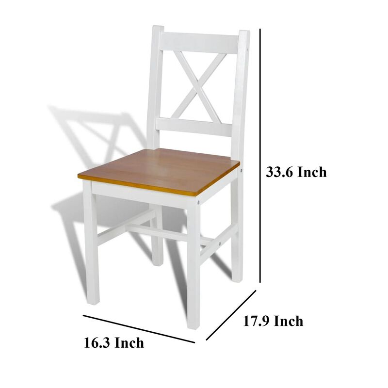 Dining Side Chair Set of 2, X Back Design, White, Brown Pine Wood - Benzara