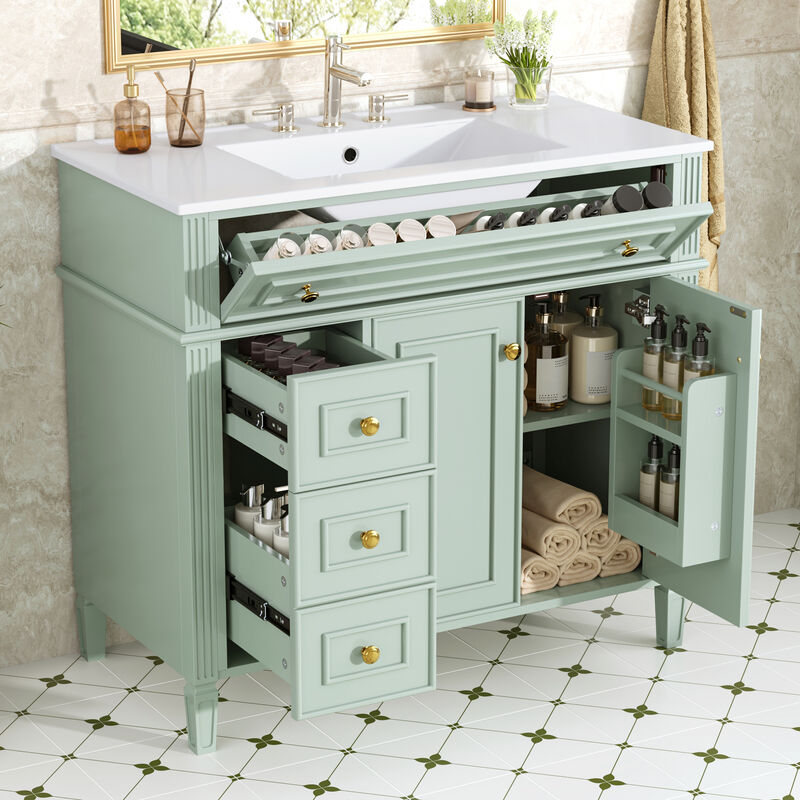 Merax Freestanding Bathroom Storage Vanity with Gold-Tone Handles, 2 Drawers & Cabinet image number 2