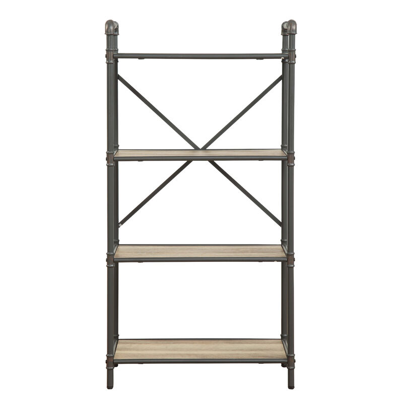 Three Tier Metal Bookshelf With Wooden Shelves, Oak Brown & Gray
