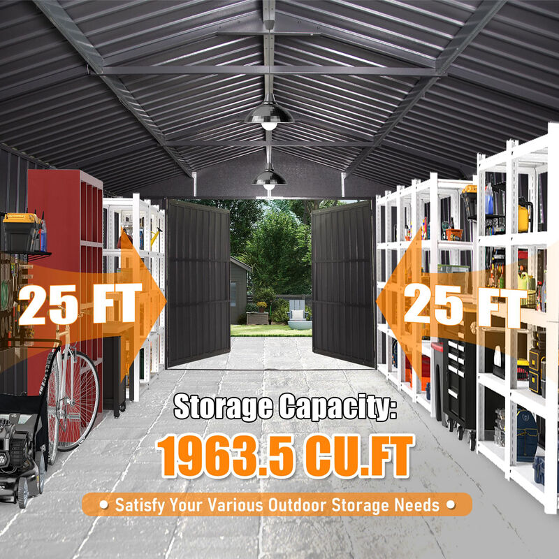 Mondawe 12x25FT Outdoor Metal Garage Shed, Extra Large Metal Carport with Lockable Double Hinged Doors image number 3