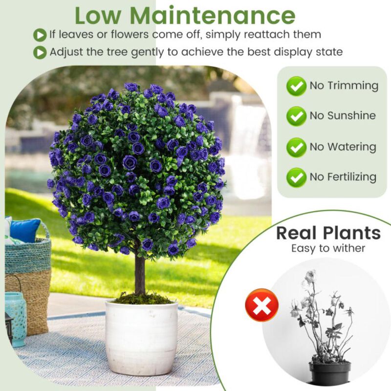 Hivvago 22 Inch Set of 2 Artificial Purple Rose Topiary Ball Trees with Cement-Filled Pot