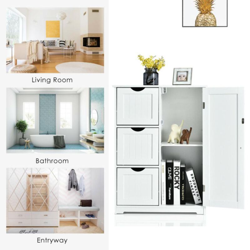 Hivvago Bathroom Floor Cabinet Side Storage Cabinet with 3 Drawers and 1 Cupboard