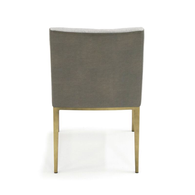 Cid Shyla 21 Inch Dining Chair, Sloped Arms, Gray Faux Leather, Brass Base-Benzara