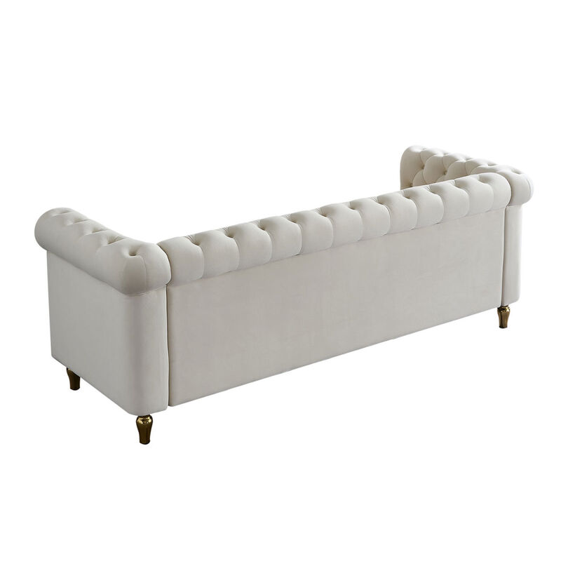 Chesterfield Velvet Sofa 84.65 inch for Living Room Beige Color