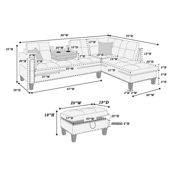 Simple Relax 3 Piece Linen-Like Fabric Sectional Sofa Set with Storage Ottoman in Charcoal