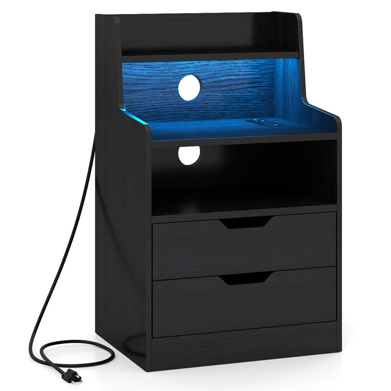Nightstand End Table with LED Light and Charging Station for Bedroom and Living Room image number 0
