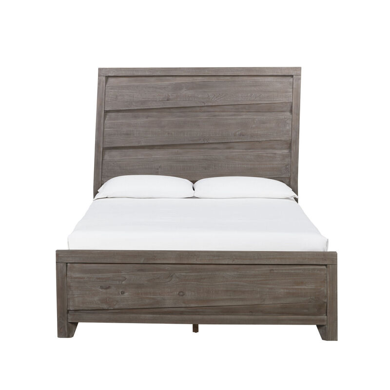 Vero Queen Size Bed, Roughhewn Washed Brown Wood, Asymmetric Panel Design - Benzara