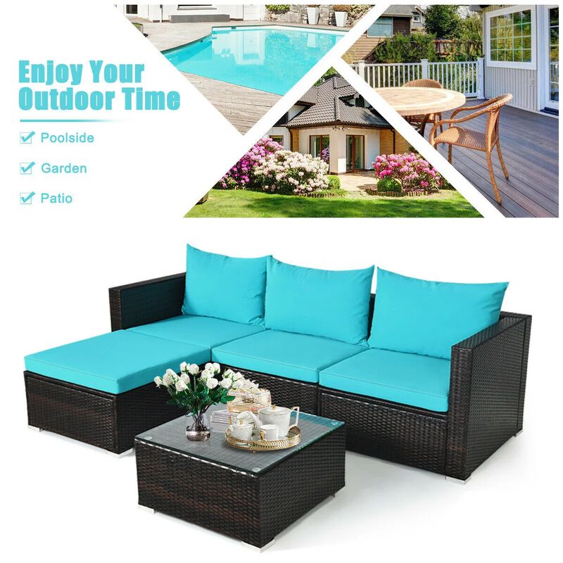 Mondawe 5 Pieces Patio Rattan Sectional Furniture Set with Cushions and Coffee Table