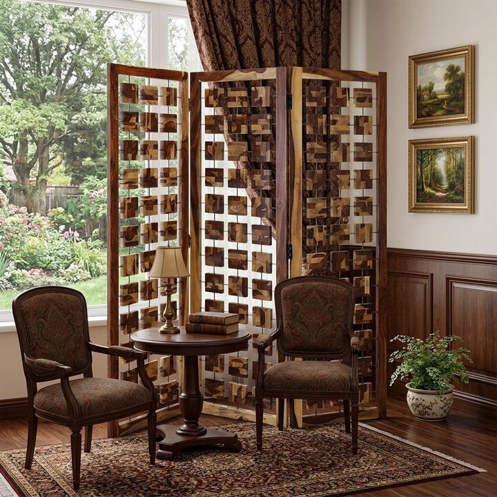 HomeRoots 72" Brown Solid Wood Folding Three Panel Screen Room Divider