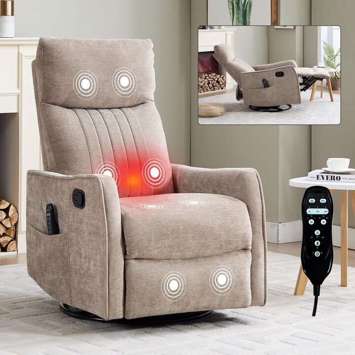 360&deg; Swivel Rocker Manual Recliner Chair with Heat and Massage, Upholstered Chenille Reclining Chair for Living Room