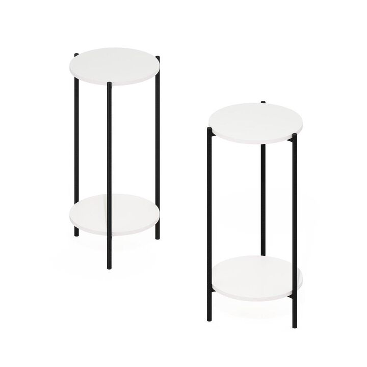 2-Tier Tall Round Side End Table with Sturdy Metal Legs, Set of 2, White/Black