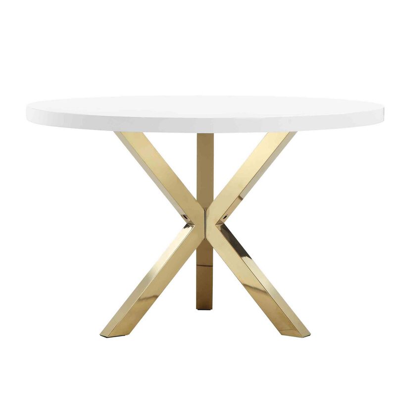 Emi 47 Inch Dining Table, Round White Lacquer Top, X Twisted Gold Legs