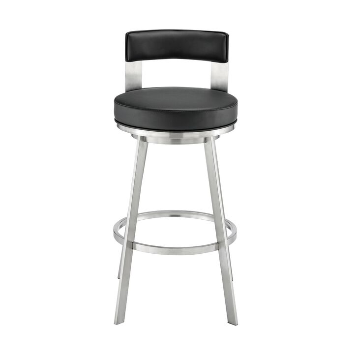 Ami 26 Inch Swivel Counter Stool Chair, Black Faux Leather, Stainless Steel - Benzara
